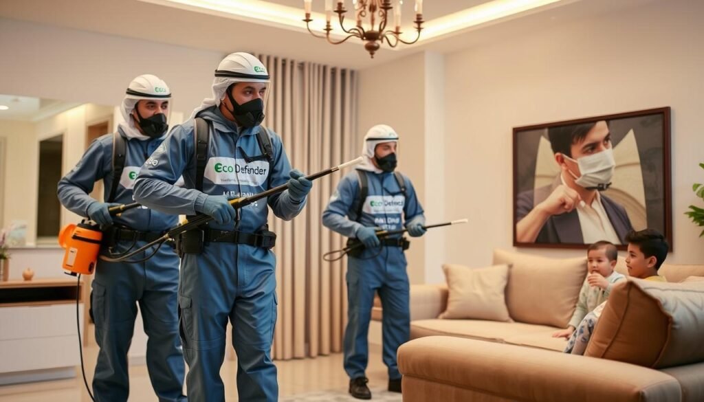فريق مكافحة الحشرات من شركة إيكو ديفيندر يقوم برش مبيدات في منزل بالأحساء